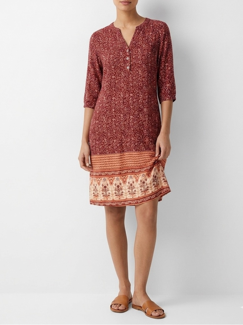 Boho Red Paisley Tunic Dress with Contrast Hem